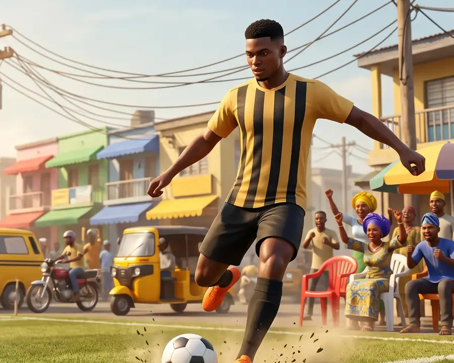 A Street Five player in a yellow and black striped kit strikes the ball on a Lagos street pitch, with a yellow danfo, a keke and cheering fans on plastic chairs behind