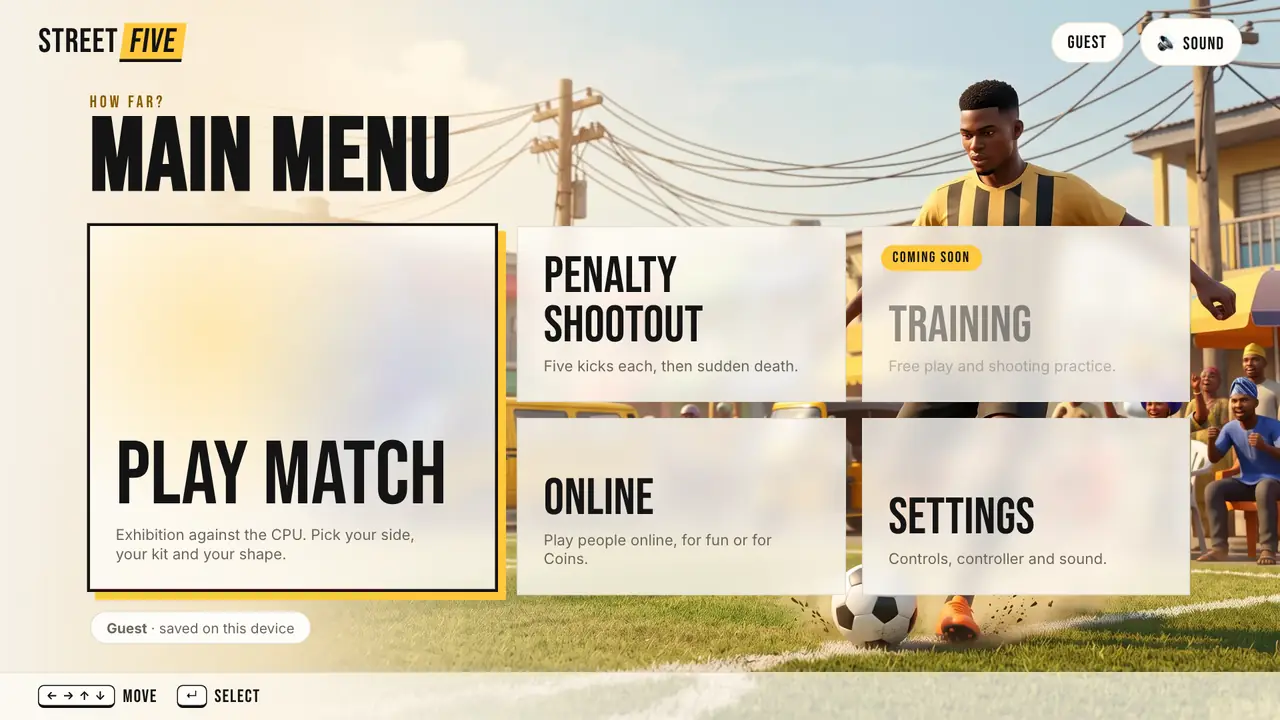 Street Five main menu: play a match, penalty shootout, online and settings