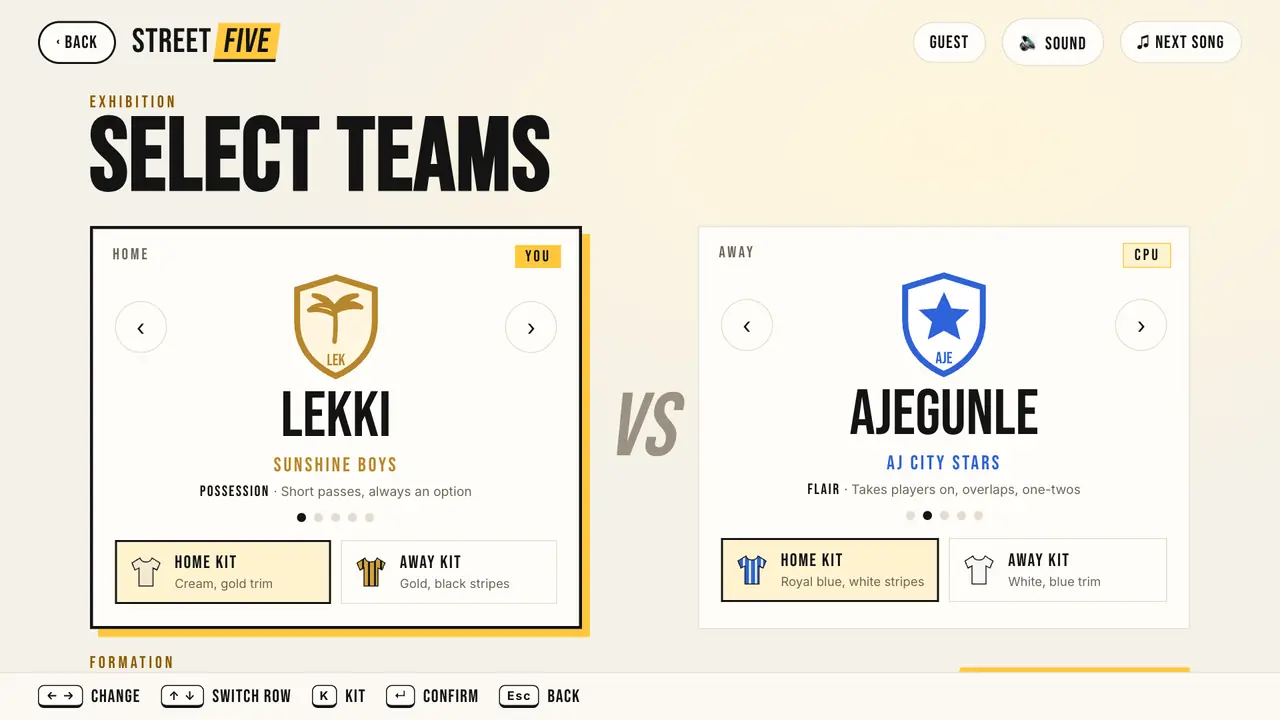 Street Five team select: choosing between the Lagos sides, kits and formations